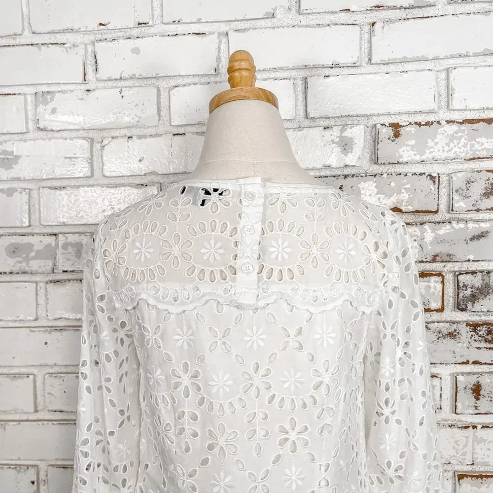 J. Crew White Embroidered Eyelet Lace Bell Sleeves Shift Mini Midi Dress 2
